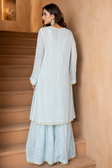 Chikankari Suit Set-Blue & Peach Gradient Viscose Georgette with Muqesh Work