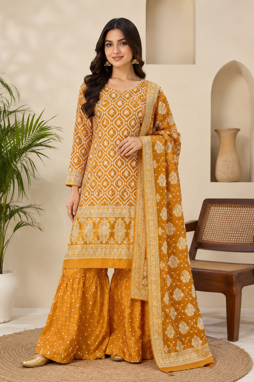 Bandhej Chinon Silk Suit Set – Unstitched From Jamnagar