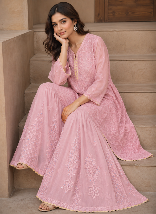 Chikankari Suit Set-Blue & Peach Gradient Viscose Georgette with Muqesh Work
