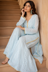 Chikankari Suit Set-Blue & Peach Gradient Viscose Georgette with Muqesh Work