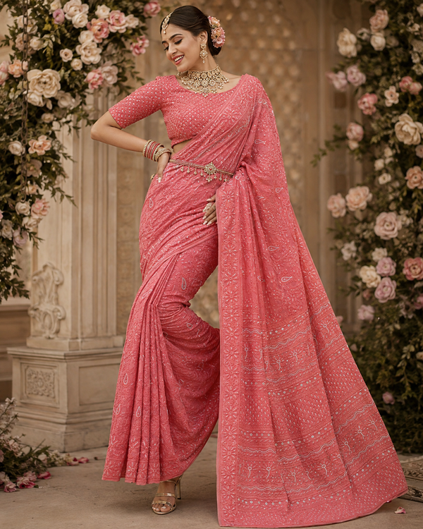 Premium Dark Peach Lucknowi Chikankari Pure Georgette Saree with Heavy Bead Work & Blouse