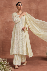 Chikankari Light Yellow Cutdana Suit Set with Pants, Dupatta & Slip in Premium Georgette