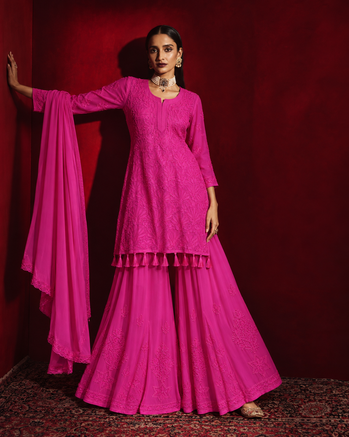 Fuchsia Pink Short Kurti with Sharara, Slip & Dupatta – Resham Jaal Chikankari Work
