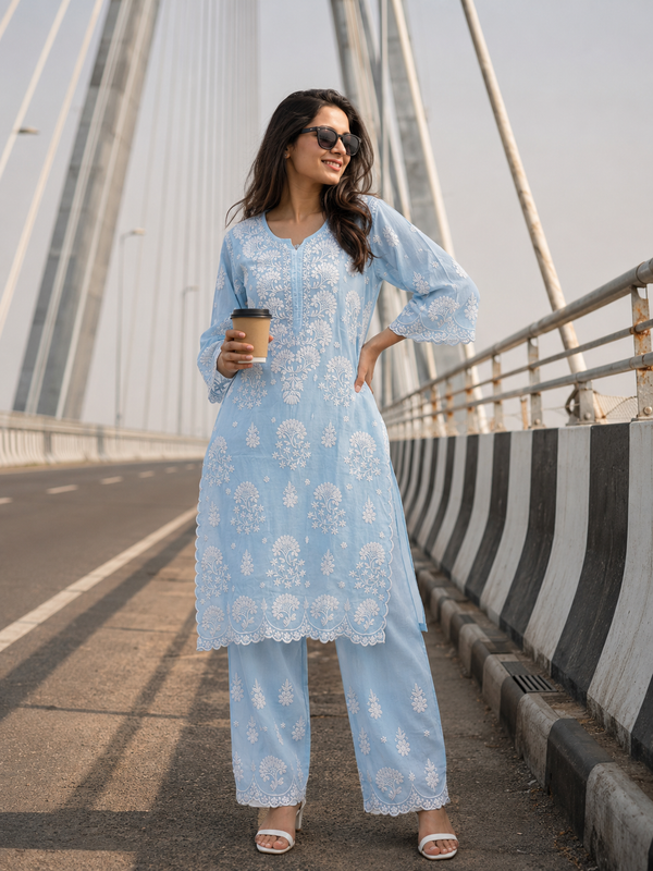 Ice Blue Handcrafted Lucknowi Ghas Patti Chikankari Kurta Palazzo Set with Phanda & Murri Work