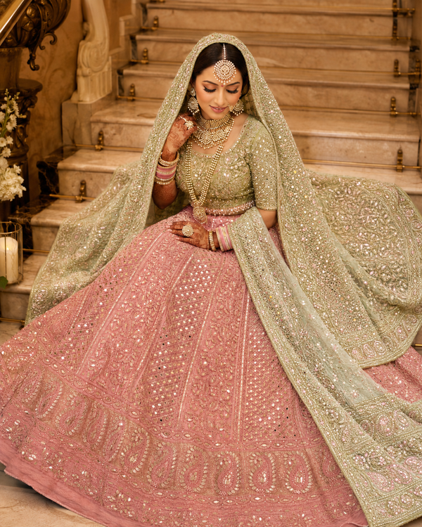 Blush Pink & Pista Green Gota Patti Chikankari Georgette Lehenga Choli with Dupatta