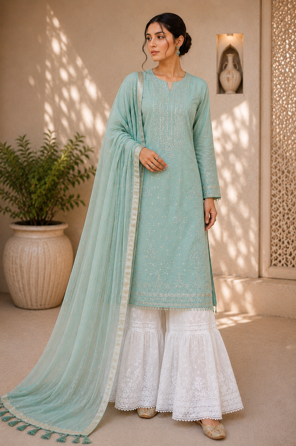 Chikankari Banarasi Print Chanderi Silk Suit with Dupatta – Unstitched