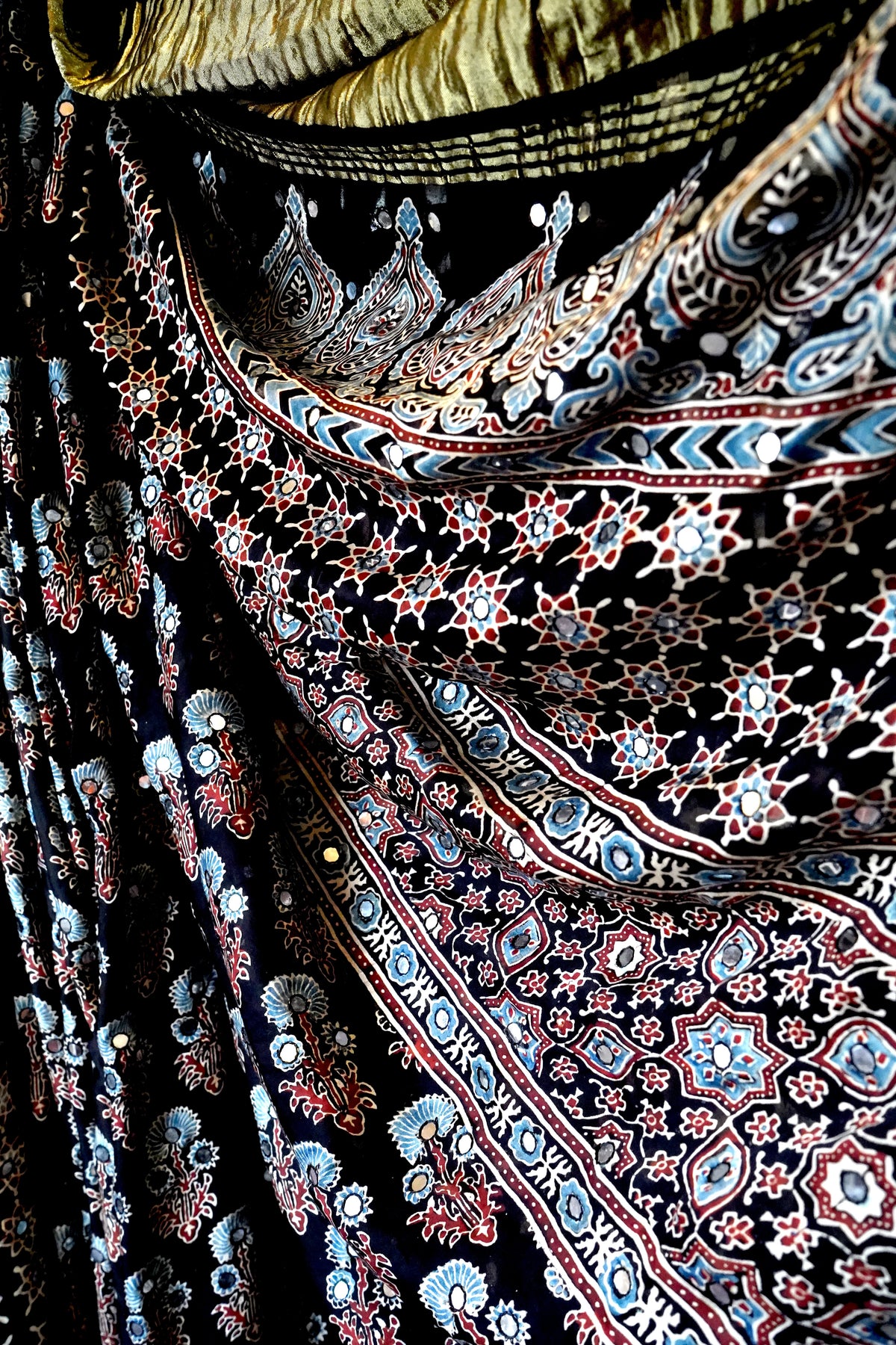 Ajrakh Black  Mirror Work Saree with Natural Dye – Kutch, Gujarat
