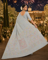Premium Light Blue Heavy Chikankari Pure Georgette Saree with Sequin & Cutdana Work + Blouse |