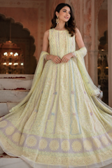 Handcrafted Lucknowi Chikankari Heavy Multi Cutdana Work Yellow Georgette Semi-Stitched Anarkali Suit with Dupatta