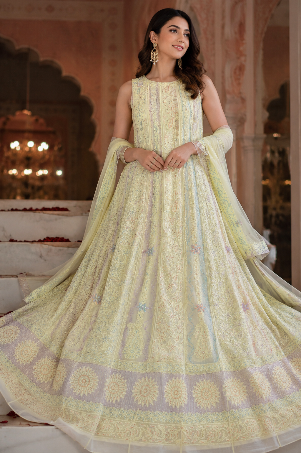 Handcrafted Lucknowi Chikankari Heavy Multi Cutdana Work Yellow Georgette Semi-Stitched Anarkali Suit with Dupatta