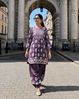 Lavender Purple Lucknowi Chikankari Ghas Patti Floral Jaal & Buti Short Kurti with Afghani Salwar Set