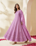 Onion Pink Pure Mul Chanderi Chikankari Anarkali Gown with Pitta & Mukaish Work and Dupatta