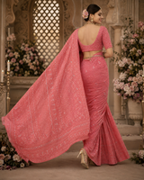 Premium Dark Peach Lucknowi Chikankari Pure Georgette Saree with Heavy Bead Work & Blouse