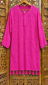 Fuchsia Pink Short Kurti with Sharara, Slip & Dupatta – Resham Jaal Chikankari Work