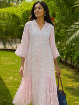 Handcrafted Lucknowi Style- Premium Brown Ghas Patti Chikankari Pure Crepe Kaftan