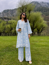 Ice Blue Handcrafted Lucknowi Ghas Patti Chikankari Kurta Palazzo Set with Phanda & Murri Work