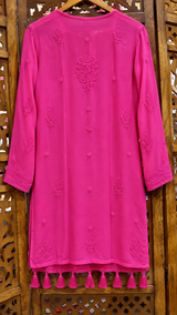 Fuchsia Pink Short Kurti with Sharara, Slip & Dupatta – Resham Jaal Chikankari Work