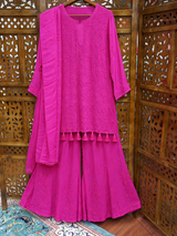 Fuchsia Pink Short Kurti with Sharara, Slip & Dupatta – Resham Jaal Chikankari Work
