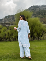 Ice Blue Handcrafted Lucknowi Ghas Patti Chikankari Kurta Palazzo Set with Phanda & Murri Work