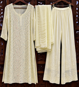 Chikankari Light Yellow Cutdana Suit Set with Pants, Dupatta & Slip in Premium Georgette