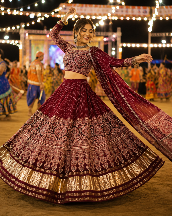 Premium Red Ajrakh Lustrous Lagdi Patta Chaniya Choli – Navratri Garba Chaniya Choli Set