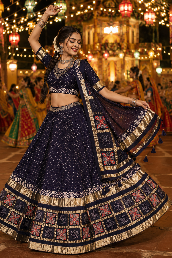 Navy Blue Ajrakh Check Pattern Patta Chaniya Choli | Navratri Garba Lehenga Set