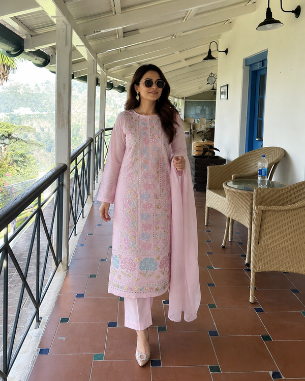 Chikankari- Premium Pink Georgette Unstitched Suit with Bead, Zari & Cutdana Work + Dupatta