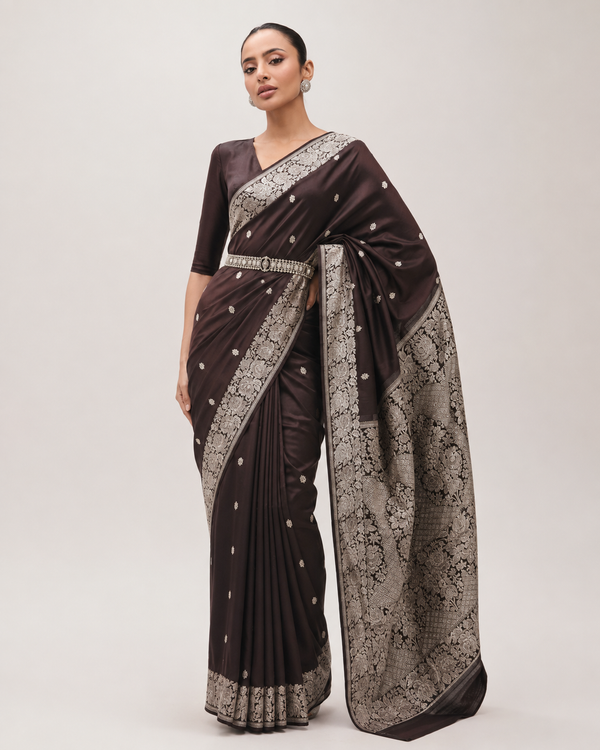Royal Brown Banarasi Pure Mulberry Silk Silver Zari Saree