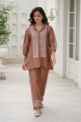 Handcrafted Lucknowi Chikankari Mukaish Work Brown Mul Chanderi Unstitched Co-ord Set for Women