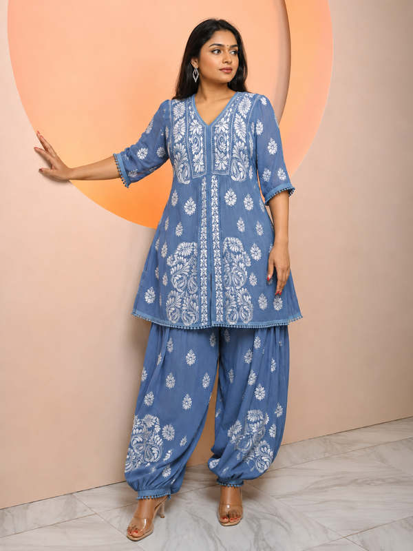 Chikankari Premium Blue Modal Satin Afghani Kurta Pant Set | White Embroidery Ethnic Co-ord