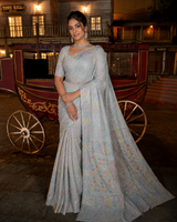 Premium Light Blue Heavy Chikankari Pure Georgette Saree with Sequin & Cutdana Work + Blouse |