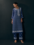 Premium Ink Blue Chikankari Modal Satin Fine Jaal Achkan Set | Kurta Pant Set for Women