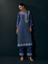 Premium Ink Blue Chikankari Modal Satin Fine Jaal Achkan Set | Kurta Pant Set for Women