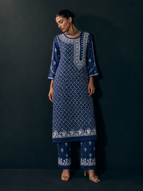 Premium Ink Blue Chikankari Modal Satin Fine Jaal Achkan Set | Kurta Pant Set for Women
