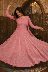 Handcrafted Lucknowi Chikankari Heavy Multi Cutdana Work Peach Georgette Semi-Stitched Anarkali Suit with Dupatta