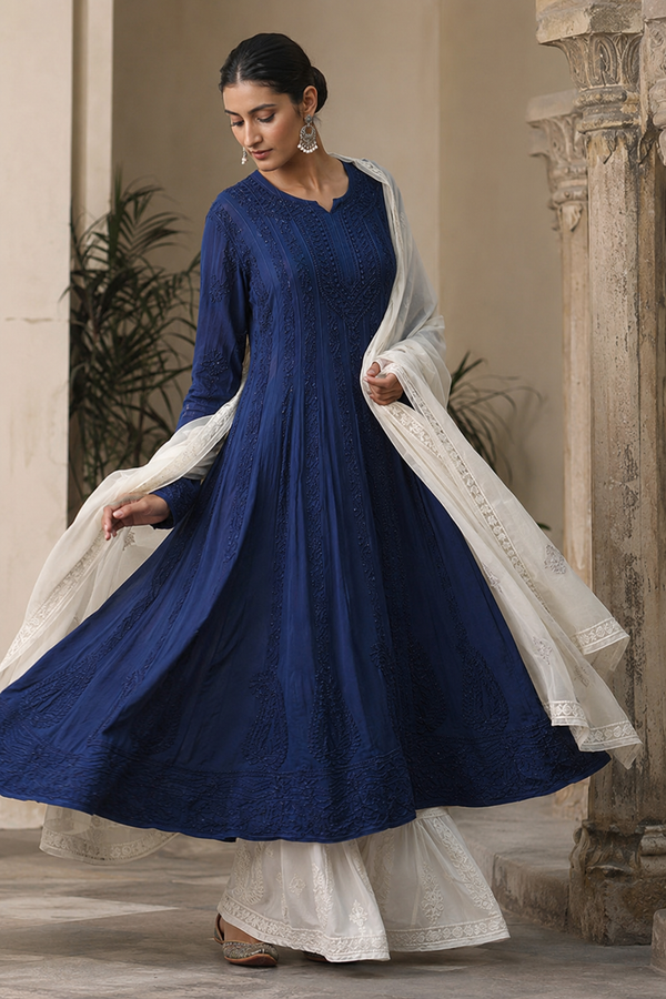 Lucknowi Navy Blue Chikankari Resham Jaal Georgette Anarkali with White Sharara
