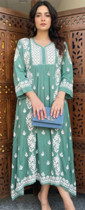 Chikankari-Premium Green Ghas Patti Crepe Long Frock Style Kurti | Lucknowi Embroidered Dress