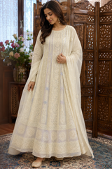Handcrafted Lucknowi Chikankari Heavy Multi Cutdana Work Yellow Georgette Semi-Stitched Anarkali Suit with Dupatta