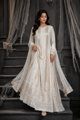 Handcrafted Lucknowi Chikankari Mirror Work & Gota Patti White Georgette Semi-Stitched Anarkali Suit Set for Women