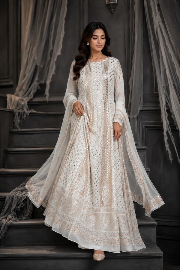 Handcrafted Lucknowi Chikankari Mirror Work & Gota Patti White Georgette Semi-Stitched Anarkali Suit Set for Women