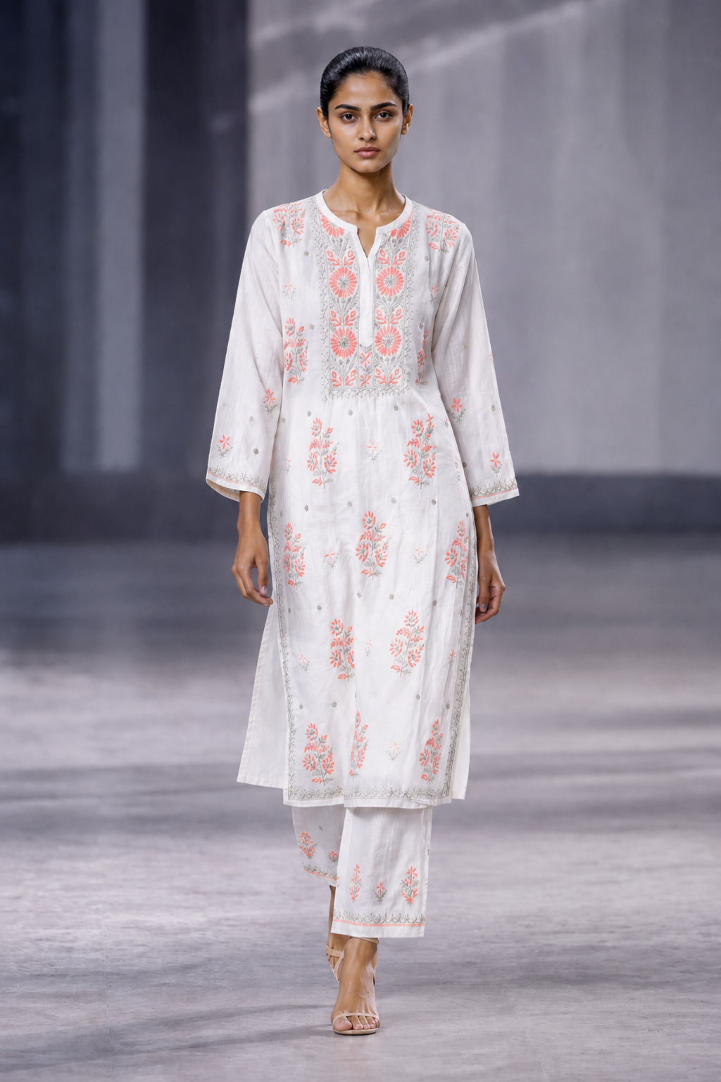 Premium White Chanderi Silk Chikankari Suit Set with Orange Do Taar Embroidery | Elegant Festive Wear