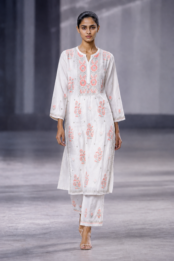 Premium White Chanderi Silk Chikankari Suit Set with Orange Do Taar Embroidery | Elegant Festive Wear
