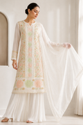 Handcrafted Lucknowi Chikankari Cutdana, Bead & Gota Patti Work White Georgette Semi-Stitched A-Line Suit Set for Women