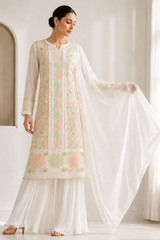 Handcrafted Lucknowi Chikankari Cutdana, Bead & Gota Patti Work White Georgette Semi-Stitched A-Line Suit Set for Women