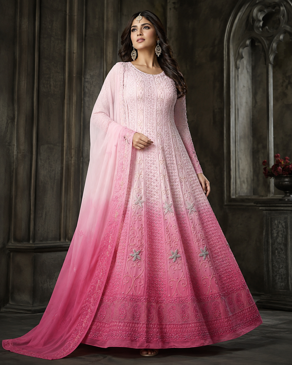 Pink Ombre Chikankari Anarkali with Cutdana Work – Premium Georgette Lucknow