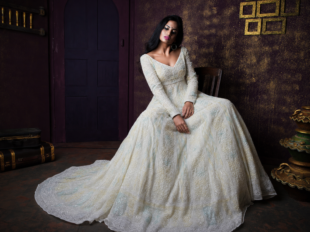 Chikankari - Lemon Yellow Georgette Anarkali with Heavy Cutdana & Bead Work