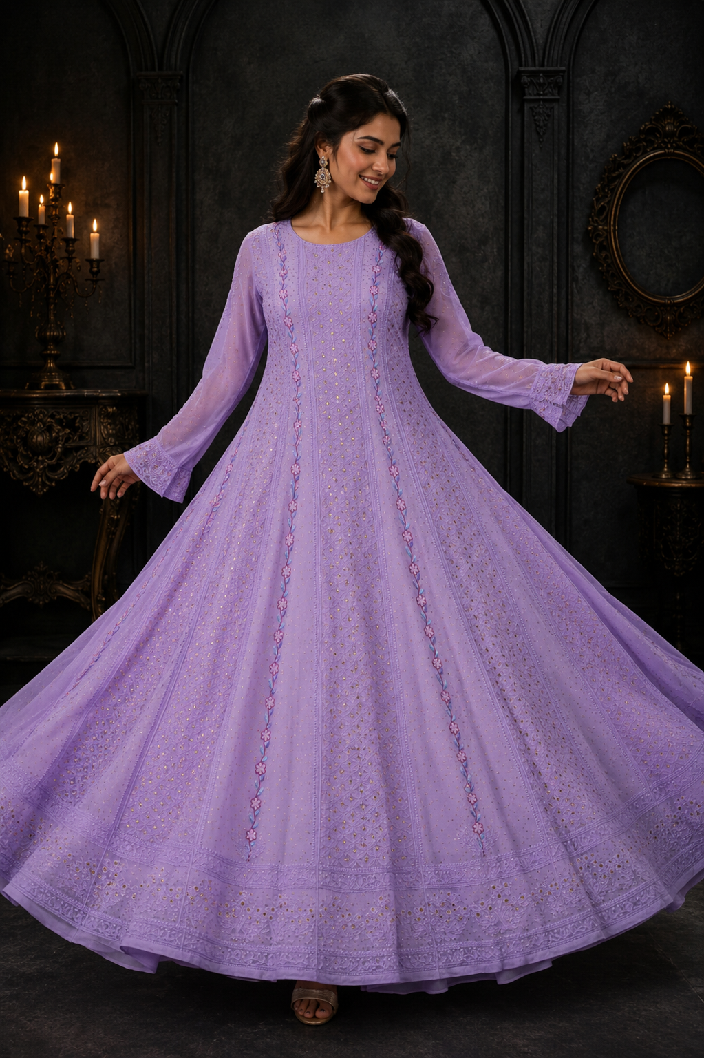 Handcrafted Lucknowi Chikankari Parsi & Mukaish Work Purple Georgette Semi-Stitched Anarkali Suit Set for Women