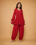 Chikankari- Premium Red Fine Mukaish Work Georgette Afghani Kurta Pant Set