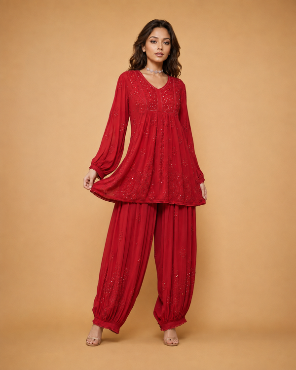 Chikankari- Premium Red Fine Mukaish Work Georgette Afghani Kurta Pant Set