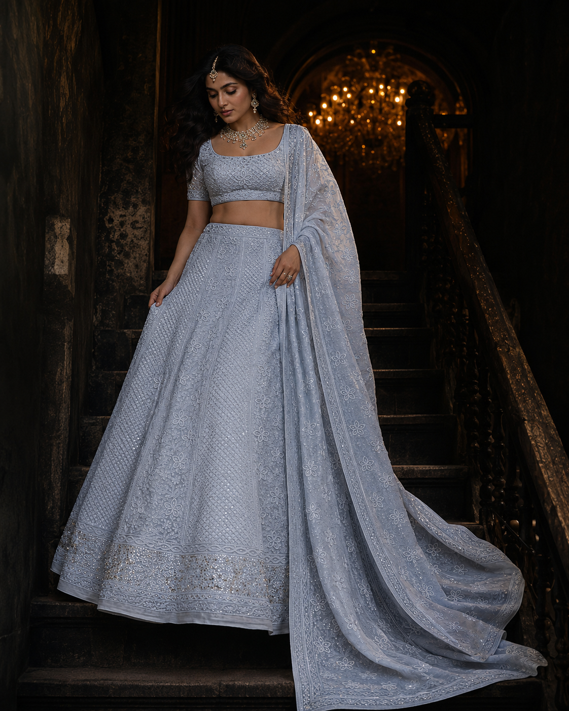 Premium Light Blue Heavy Chikankari Lehenga Set in Pure Georgette with Cutdana, Sequin & Bead Work | Blouse, Dupatta & Complimentary Belly Chain
